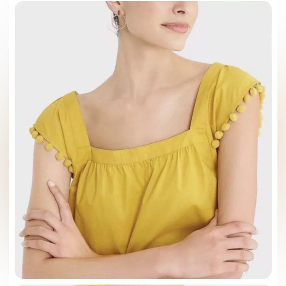 J. Crew Mustard Yellow Pom-Trim Short Sleeve Square Neck Top